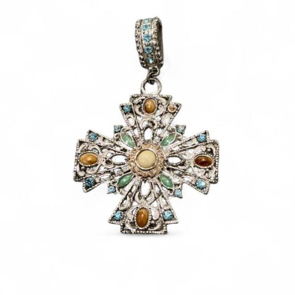 Byzantine Cross Pendant Women Silver tone Blue Green Amber Excellent Boho‎